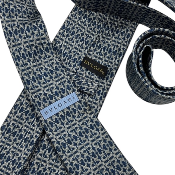 BVLGARI SEVENFOLD XL Blue/Gray Geometric Silk LUXURY Tie ITALY - Picture 3 of 8